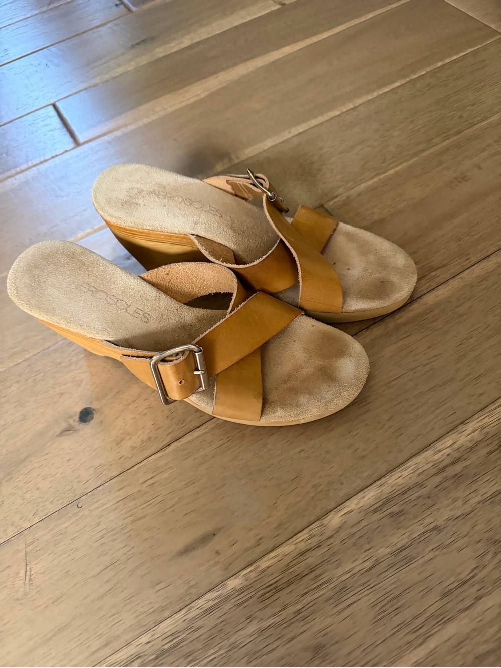 AEROSOLES Mustard Tan Leather Wedge Slide Sandals with Buckle